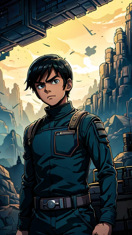 (Teens:1boy: rock lee,Star Wars), (extremely detailed CG unit 8k wallpaper),(master part), (best quality), (ultra detali), (best illustration),(melhor ombre), cowboy shot, (Sharp eyeliner, ombre, detailedeyes:1), Konoha Village background, ,break , (star15escola:1.2), upper body,very short hair ,black buzzcut hair, blue jumpsuit