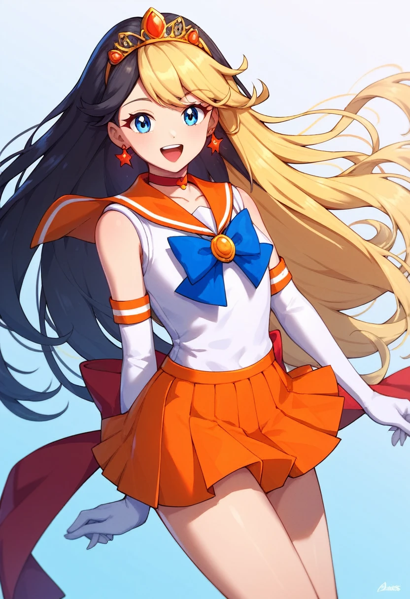 score_9, score_8_up, score_7_up,score_6_up, score_5_up, score_4_up , 1girl, solo, aavenus, long hair, blonde hair, hair bow, tiara, earrings, blue eyes, orange choker, orange sailor collar, blue bow, white shirt, elbow gloves, white gloves, pleated skirt, orange skirt, bare legs, aamars, long hair, black hair, tiara, earrings, red choker, red sailor collar, purple bowtie, white shirt, elbow gloves, white gloves, pleated skirt, red skirt, bare legs, happy, cowboy shot, simple background