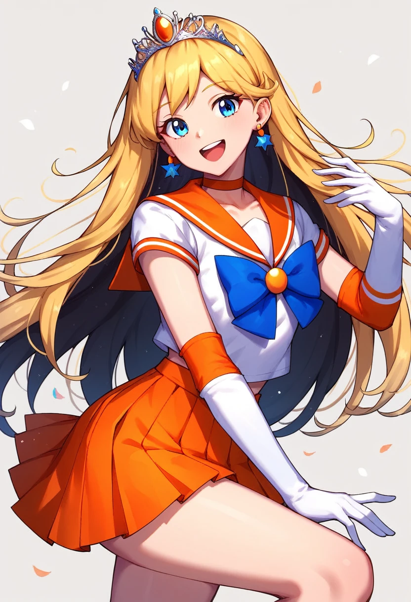 score_9, score_8_up, score_7_up,score_6_up, score_5_up, score_4_up , 1girl, solo, aavenus, long hair, blonde hair, hair bow, tiara, earrings, blue eyes, orange choker, orange sailor collar, blue bow, white shirt, elbow gloves, white gloves, pleated skirt, orange skirt, bare legs, aamars, long hair, black hair, tiara, earrings, red choker, red sailor collar, purple bowtie, white shirt, elbow gloves, white gloves, pleated skirt, red skirt, bare legs, happy, cowboy shot, simple background