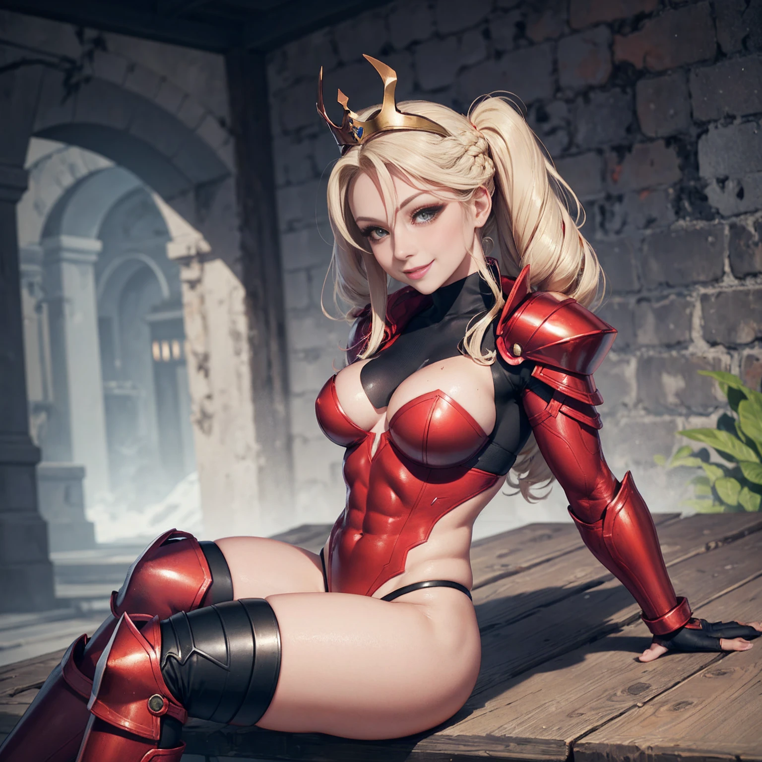 Lancer Artoria body (Alexis Texas Face), elegant adult female, blonde, green eyes (yellow eyelashes) crown, turtleneck, full body sitting on a bench, showing ass to me, RED breastplate, RED skin (1SologirlRED skin:1.2), looking at viewer, shiny, armor, thigh highs, high boots, pauldrons shoulder armor, faulds, poleyn, RED gloves gauntlets, rerebrace, RED military armored boots, yordle muscular lean platinum blonde long twin tails hairstyle at the bedroom lustful smirking smile face red blushed, blush, strong abs, female body builder, tiara, twin drills hair, (masterpiece, best quality, ultra detailed, best shadow)