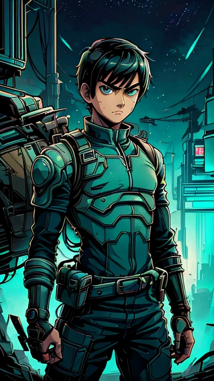 (les adolescents:1garçon: rock lee,Cyberpunks), (fond d&#39;écran 8k d&#39;unité CG extrêmement détaillé),(partie maîtresse), (Meilleure qualité), (ultra détails), (Meilleure illustration),(meilleure ombre), tir de cow-boy, (eye-liner pointu, ombre, yeux détaillés:1), Fond du village de Konoha, ,casser , (star15escola:1.2), Haut du corps,cheveux très courts ,cheveux noirs coupés, combinaison bleue