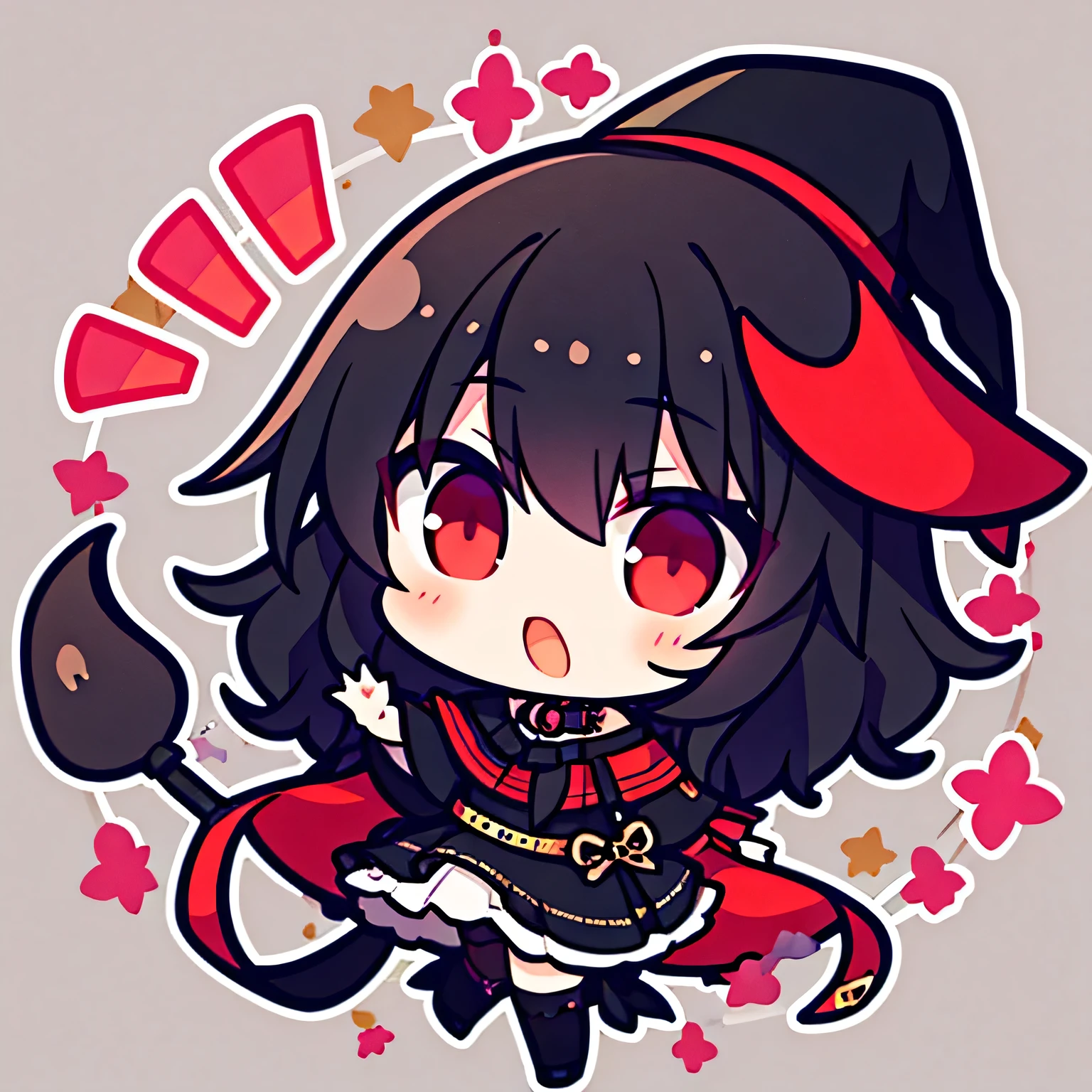 A  girl, with a red eyes, blackquality hair, with witch hat