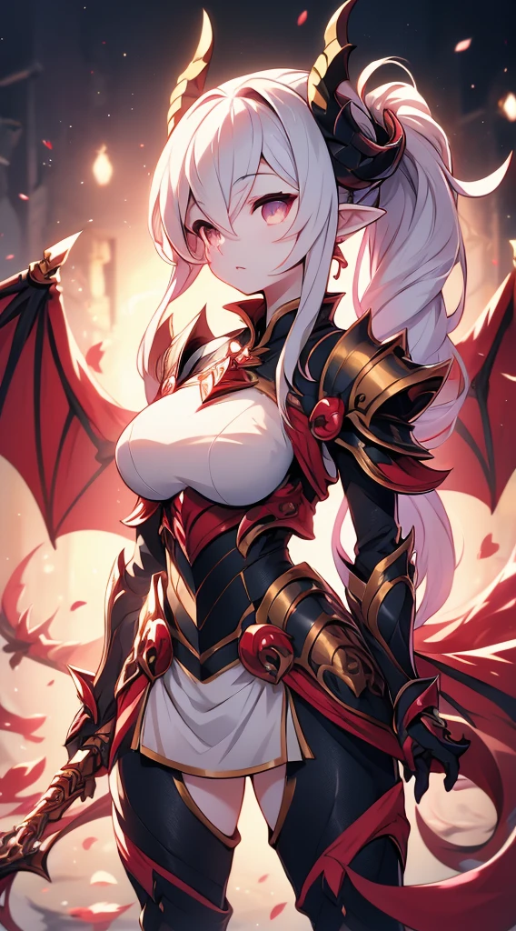 Dragon Girl，knight女孩，穿着knight铠甲的女孩，Breastplate，Skirt Armor，Arm Guard，Leggings，Bare thighs，丝绸Knee socks，Knee socks，White hair，Long hair，Single ponytail hairstyle，Dragon Horn女孩，Dragon Wings，Girl with wings，Dragon Horn，horn，巨Dragon Wings，White Wings，Dragon Tail，巨Dragon Tail，Long Tail，thick tail，Fat Tail，Smooth tail，White Tail，Scales，Scales衣服，knight，knight girl，Close-up above the waist，Upper body close-up，mature body，Big breasts，Big breasts，Wide crotch，Royal sister，big sister，Heroic，Manic，Wild，Feral