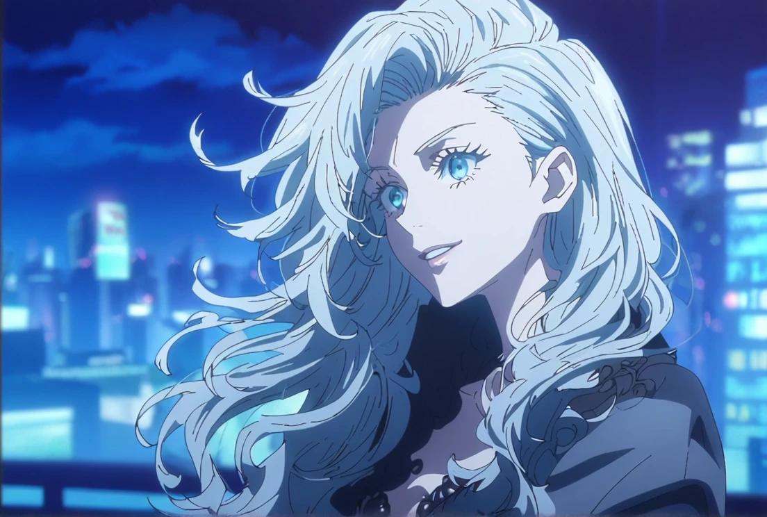 1girl, female gojo satoru, anime screencap from jujutsu kaisen, gojo satoru female version, solo, long_Silver hair, wavy hair, black round sunglasses, Blue Eyes, parted_lips, smiling, looking_at_viewer, perfect background, outdoors, side view, eyelashes, (elegant prom night outfit),  hair_between_eyes, floating hair, ((hair slicked from one side)), City in background,night,The character in the image has striking long, flowing hair with a slight wave, One side is shaved, 