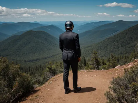 a luxury sales suit man wearing a black rider full-face helmet overlooking wilderness,full body,standard rider black full face h...