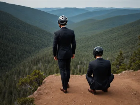 a luxury sales suit man wearing a black rider full-face helmet overlooking wilderness,full body,standard rider black full face h...