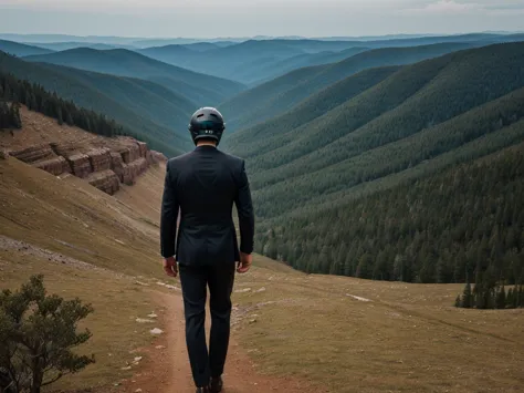 a luxury sales suit man wearing a black rider full-face helmet overlooking wilderness,full body,standard rider black full face h...