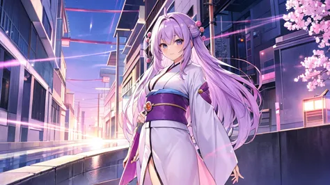 woman　clear　Light purple hair　　kimono　　Anime Style　　science
