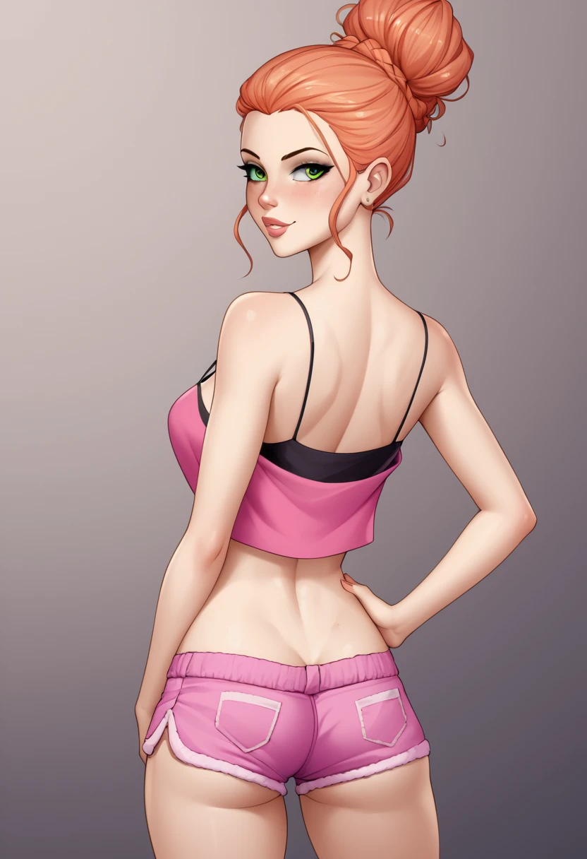 Tris estava usando um conjunto de pijama rosa de seda, que abraçava suas curvas em todos os lugares certos. O top de alças finas exibia seu amplo decote., e os shorts eram bem curtos, para revelar a maior parte de sua suavidade, quadris finos. Ela ficou, inclinando um quadril para o lado, o que lhe deu uma visão ainda melhor de seu corpo luxuoso.vista traseira