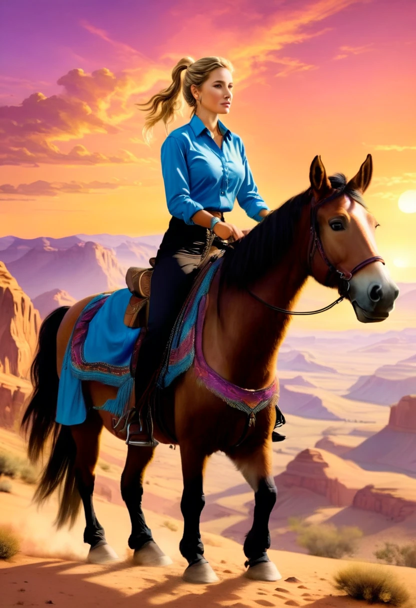 aan oil painting of woman cowboy riding a horse on the desert mountain at sunset, watching the desert canyon, an exquisite beautiful woman, most beautiful woman, blond hair, long hair, in a pony tail, ultra detailed face, (best detailed face: 1.3), wearing blue button shirt, small cleavage, wearing black trousers, dynamic color, wearing high heeled boots, (silhouette art: 1.3), she has a (lasso: 1.1) sun set, sun rays, sky in shades of purple, red, orange and yellow. vibrant colors of sky, Hyperrealism style, vibrant, Ultra-high resolution, High Contrast, (masterpiece:1.5), highest quality, Best aesthetics), best details, best quality, highres, ultra wide angle, 16k, [ultra detailed], masterpiece, best quality, (extremely detailed) RAW, chumbasket art style, oil painting, silhouette