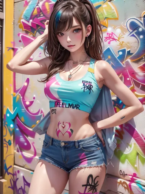 masterpiece, best quality, 1 girl, solitary, crop top, denim shorts, necklace, (graffiti:1.5), paint splatter, put your hands be...