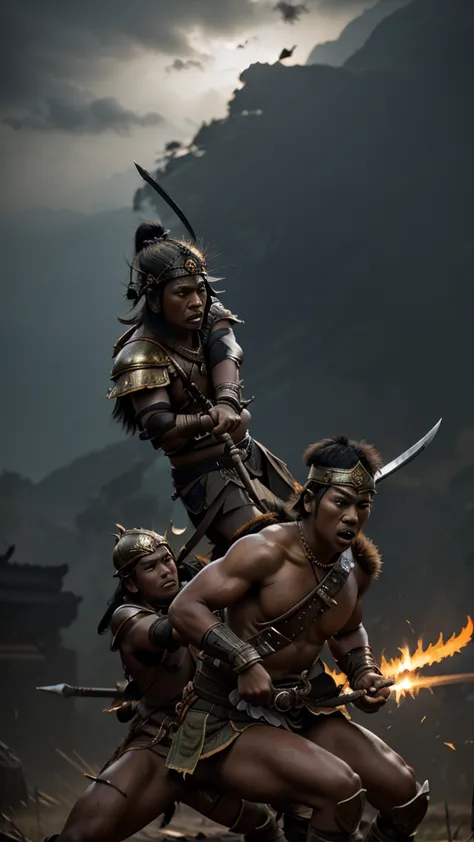 "intense battle scenes between the sunda warriors and majapahit soldiers, with dynamic action, clashing swords, and determined e...