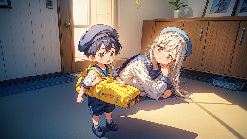 (((Mother and little boy)))、(((Highest quality、Masterpiece、Official Art、The best dynamic composition)))、Anime Style、Very detailed、8K high resolution、Holding hands and going to kindergarten with mother、The boy is carrying a rectangular yellow bag over his shoulder.、Navy blue sailor suit and navy blue shorts、White socks、Diamond Hat、