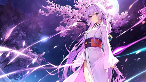 woman　clear　light purple hair　　kimono　　anime style　　science