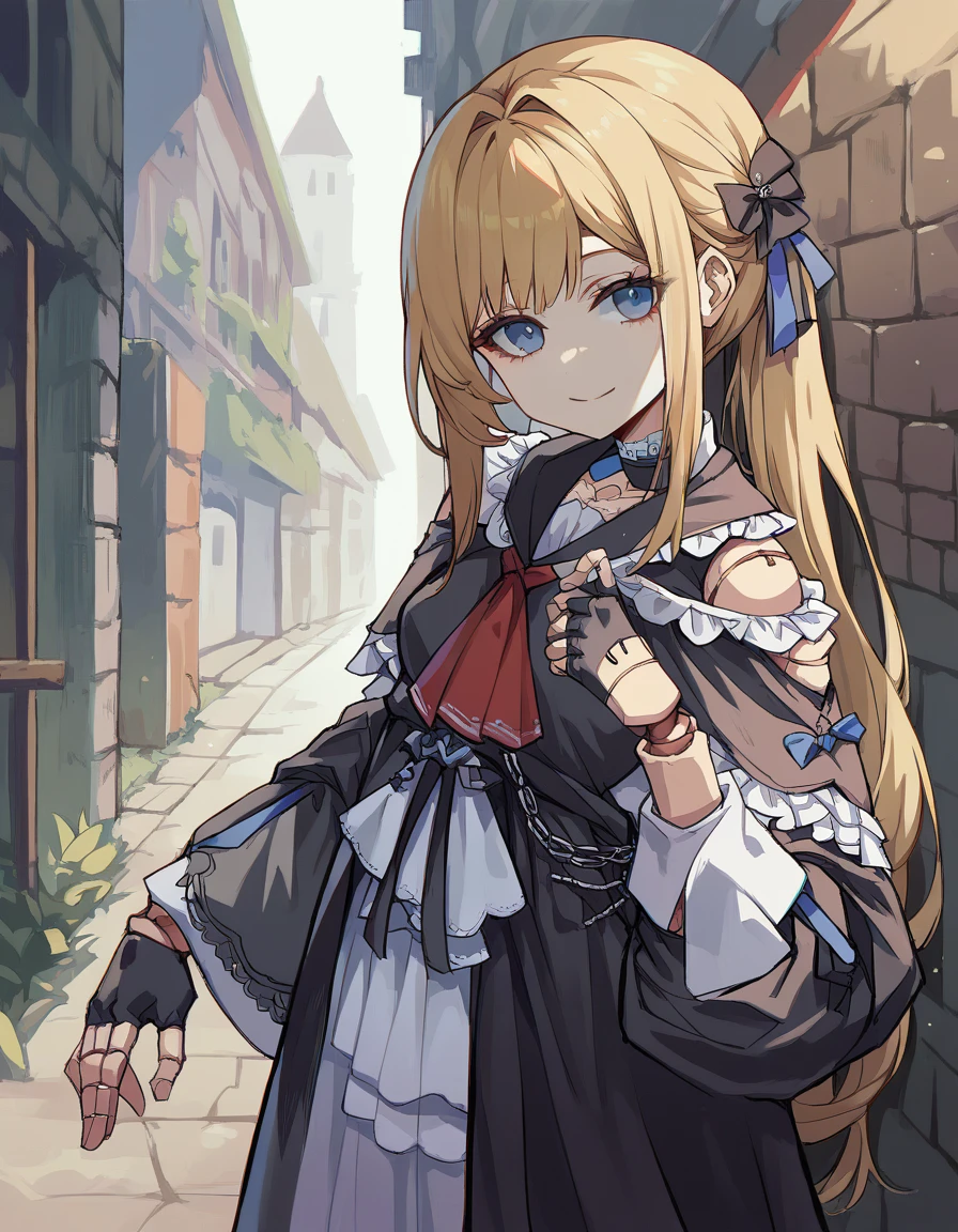 score_9, score_8_up, score_7_up, 1 girl, hsrherta, doll joints, (blonde ponytail hair, blue eyes), skinny, black robe, capelet, red ascot, fingerless gloves, smiling, posing, looking at viewer, small breasts, victorian alley, mist