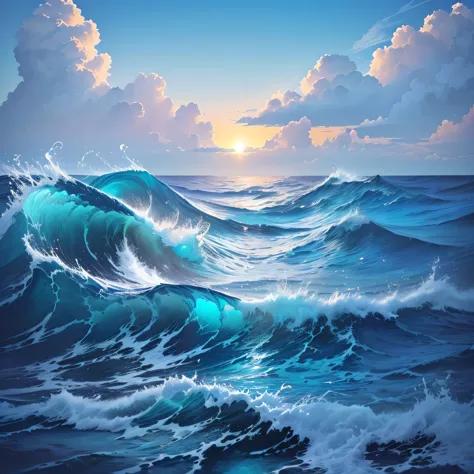 painting of a Beautiful Ocean scene with a sun setting, Detailed sea, Blue water waves, Beautiful Ocean, Troubled marine environment, Magical Ocean, Fantasy seascape, Bright sea, Highly detailed numbers, Waves, Blue Ocean, Wallpaper Anime Blue Water, Sparkling Waves, On the sea, realistic ocean, Ocean background, Ocean in the background