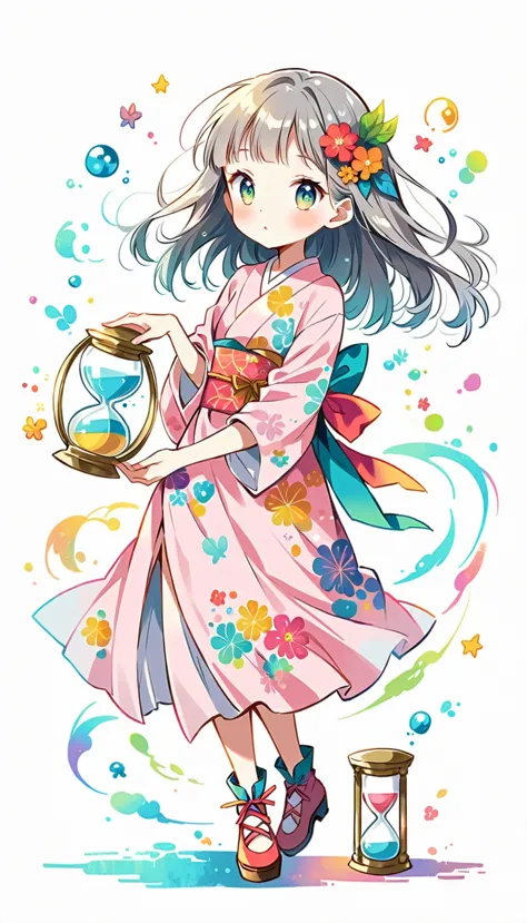white background, Fujichoco style, pink kimono, (((The Most Beautiful Girl))),  gray hair, shining pupils, ((hourglass)), vivid ...