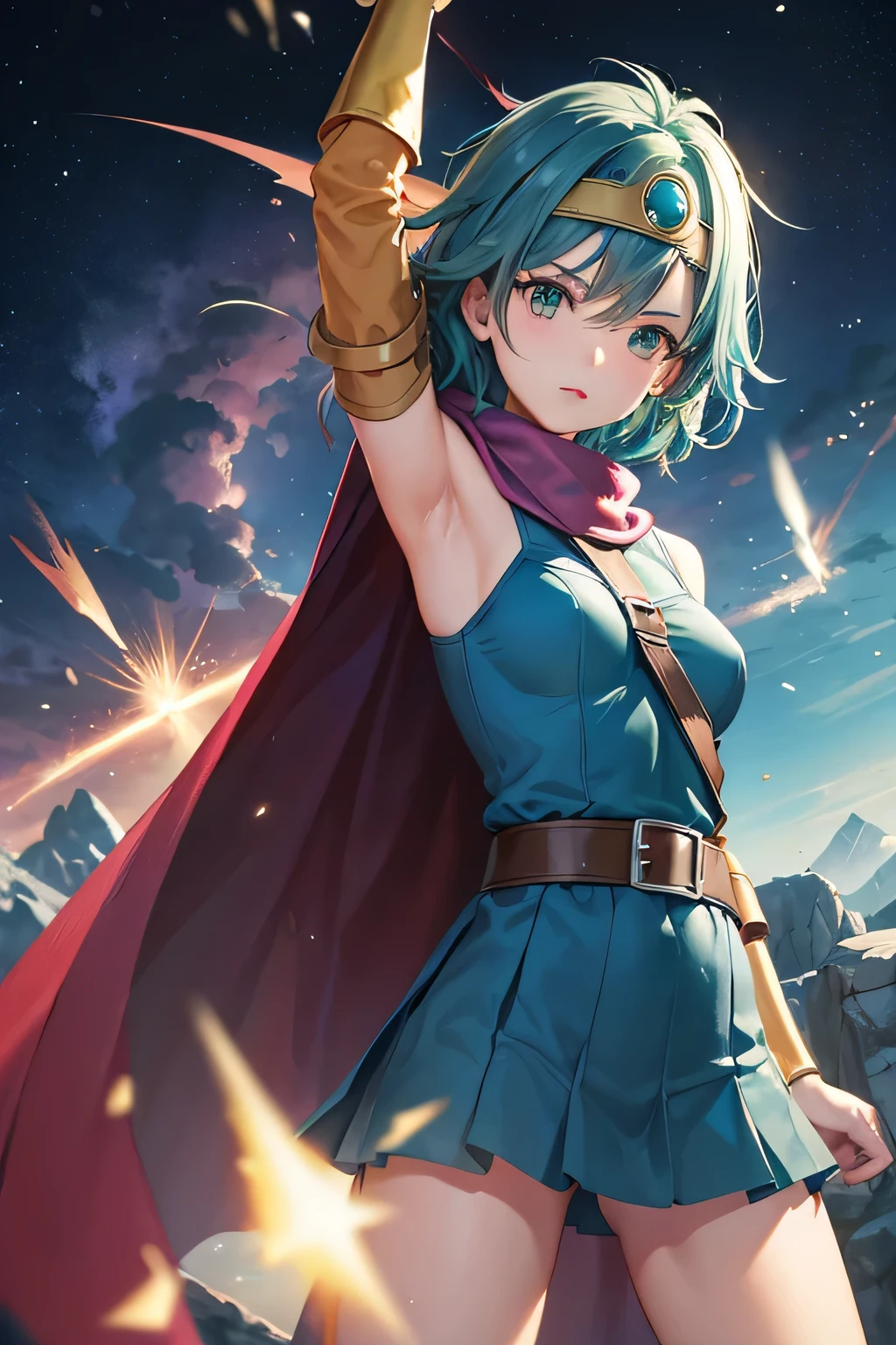 （（（Highest quality、First class work、Normal body、、Detailed face、Ultra-precision、normal hand、Normal refer to、５refer to、Highest）））、beautiful girl、Green Hair、Small breasts、Shortcuts、Blue leotard、Shoulder Off、Black paleo skirt、Red Cape、Circlet、sword of the sky、Dragon Quest、Female Heroes、 battle、The battle is ready、Lightning Slash、incantation、Gigadeine