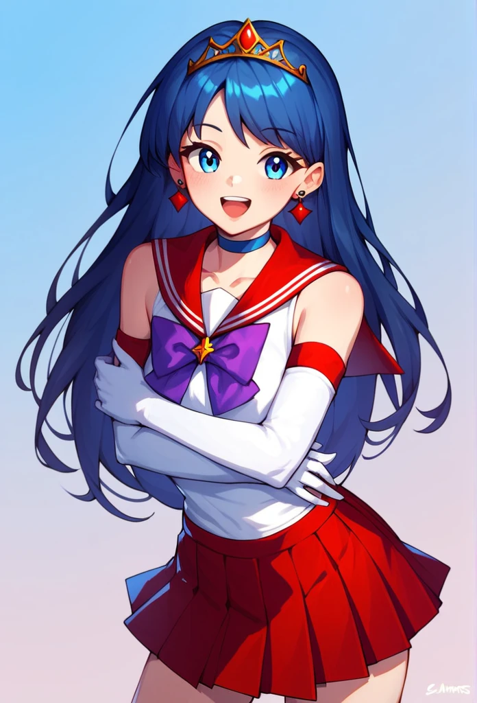 score_9, score_8_up, score_7_up,score_6_up, score_5_up, score_4_up , 1girl, solo, aamars, long hair, black hair, tiara, earrings, red choker, red sailor collar, purple bowtie, white shirt, elbow gloves, white gloves, pleated skirt, red skirt, bare legs, aamercury, short hair, blue hair, tiara, earrings, blue eyes, blue choker, blue sailor collar, blue bowtie, white shirt, elbow gloves, white gloves, pleated skirt, blue skirt, bare legs, happy, cowboy shot, simple background