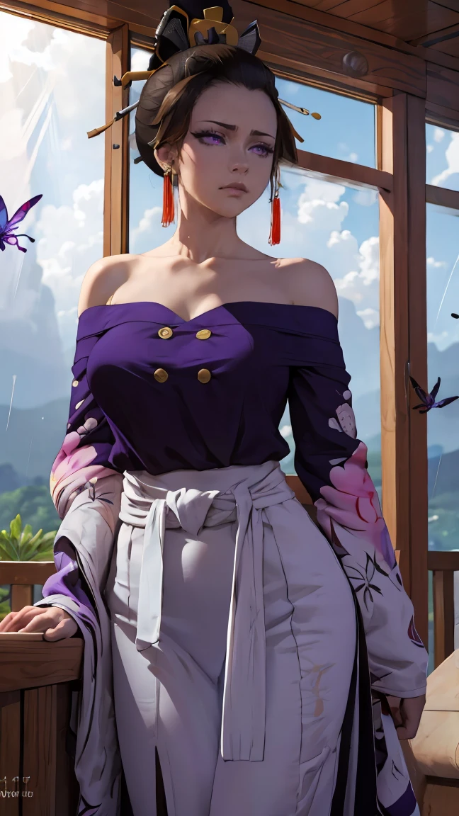 Ultra-realistic 8K computer graphics，chedevr,（（Ultra detailed backgrounds，delicate patterns，complex parts）），Best quality at its best，angry face，very detailed eyes и лица，very detailed eyes，Kochou shinobi，multicolored hair，without bangs，hair fences，Purple eye，Forehead，oiran suit，haori，butterflies，button，（tropical garden：1.2），purple flower，battle damage，mostly cloudy sky，Sun rays，Tyndall effect，gradient_sky，rainy day, face，rainy sky，Saber at the waist，charming pose，big breasts，split，Off-the-shoulder clothing