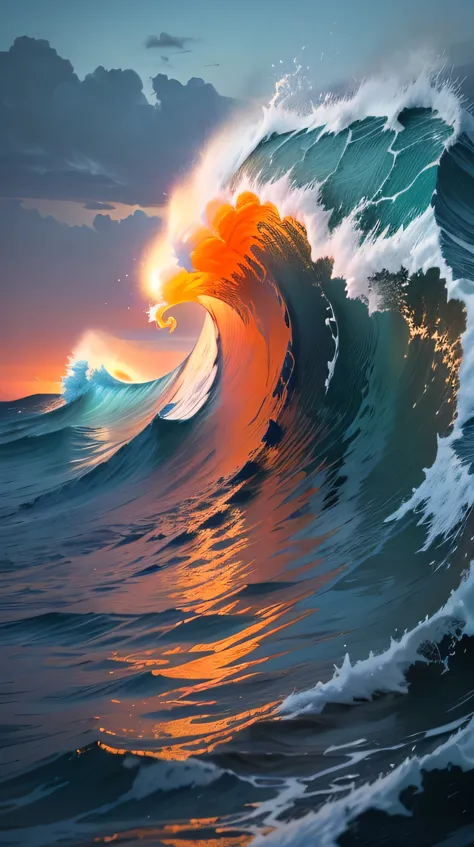 Arav waves in the ocean glow bright orange, Mark Adams, Breathtaking Waves, Burning Ocean, Amazing Waves, rising from the ocean, Waves, Canvas Ocean Fire, fire and water, Stunning photography, Beautiful Waves in the Ocean, By Jason A. Angel, Tall backlit waves, Orange flame/Blue Ice Duality!, Wave breaking