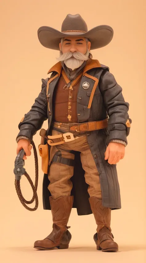 (best quality, ultra-detailed, photorealistic), Short fat old cowboy holding a lasso with a handlebar mustache