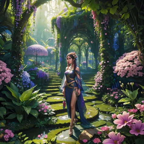 A beautiful girl in a lush, fantastical garden, surrounded by vibrant, glowing flowers and mystical creatures, with an otherworldly, dreamlike atmosphere, highly detailed and hyperrealistic, cinematic lighting, vivid colors, intricate textures, 8K, best quality, masterpiece, digital art