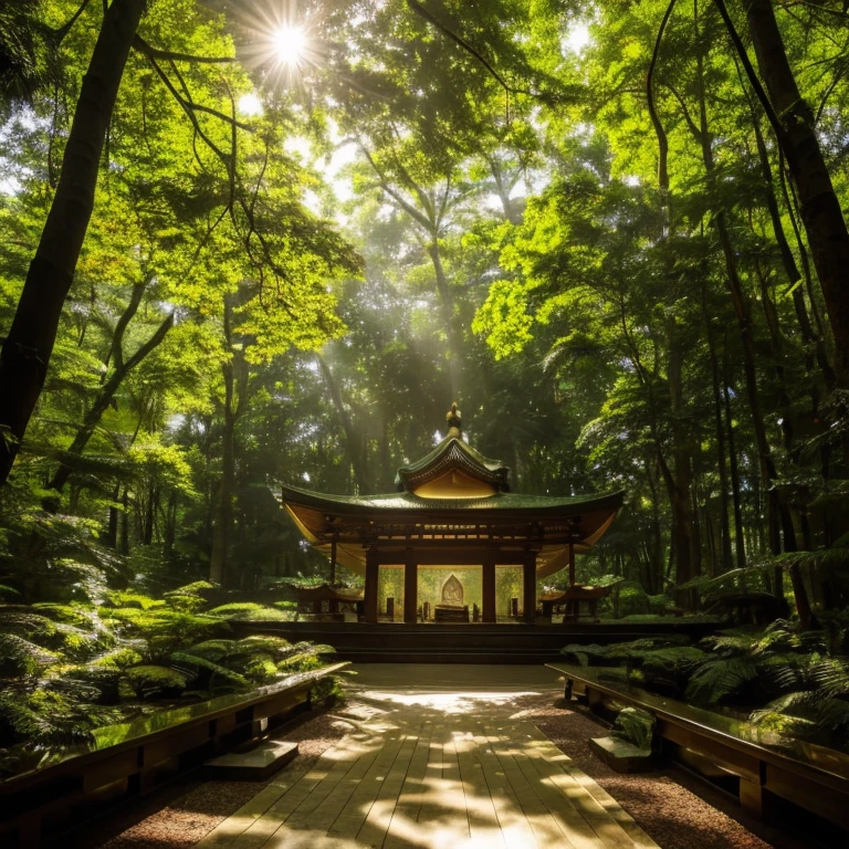 The shrine is surrounded by a natural clearing where sunlight streams through the canopy, creating a serene and sacred atmosphere. The air is filled with the gentle rustle of leaves and the melodic songs of birds, enhancing the tranquil ambiance of the area.