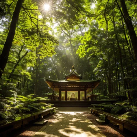 The shrine is surrounded by a natural clearing where sunlight streams through the canopy, creating a serene and sacred atmospher...