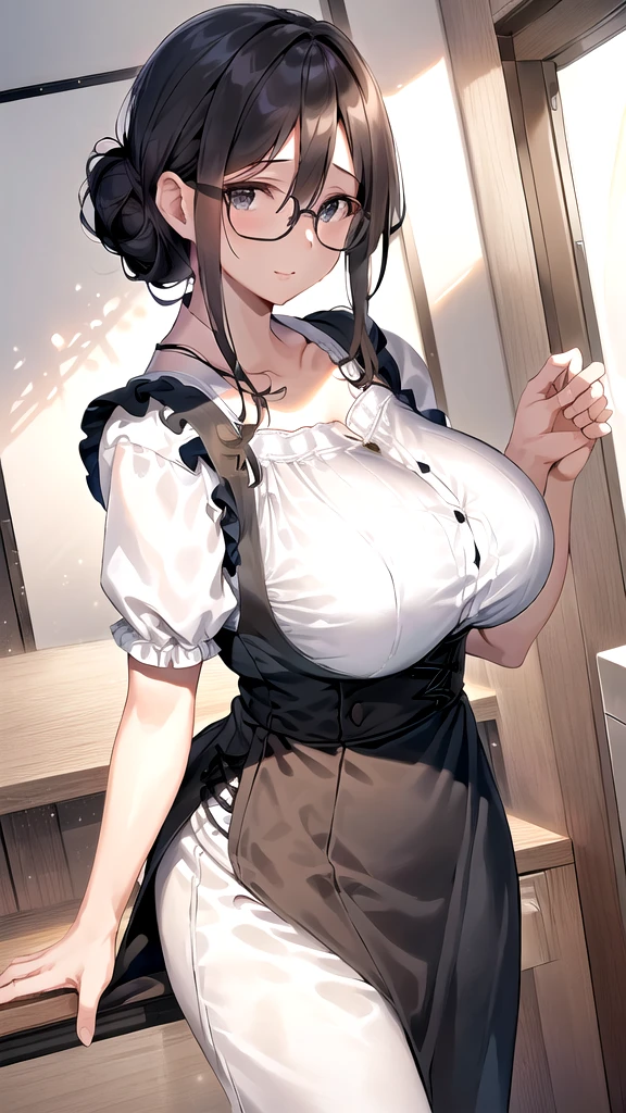 {{masterpiece}},high quality, 4K, 2D,1 girl,{simple gray background},(45 year old woman,mature female:1.6),standing,(sagging breasts:0.4),(gigantic breasts:1.3),(dirndl:1.3), black hair,(chignon:1.2),1 braid,impossible clothes, {from right in front of face and body},{front facing shot},Wear glasses,inside the room