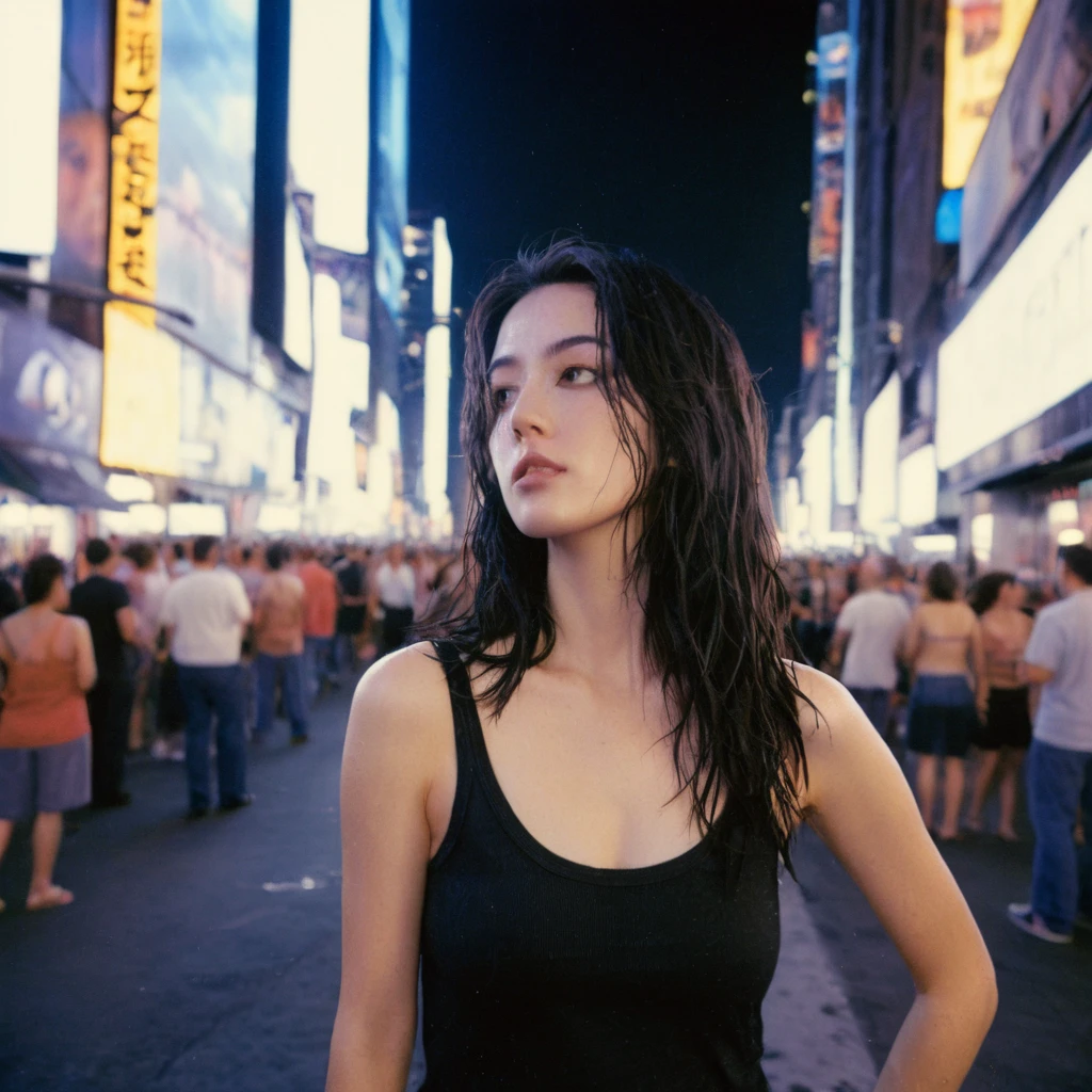 xxmixgirl,1 female detailed face time square detailed background  surreal cyberpunk shadow (lofi, analogue) dramatic lighting by Bill Sienkiewicz ( SimplepositiveXLv1:0.7), wet tshirt look sexy, splash detailed, kodak film by Brandon Woelfel Ryan McGinley, normal breasts, normal hips, Long Hair, High resolution, masterpiece, 