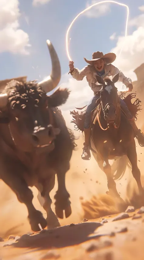 (best quality, ultra-detailed, photorealistic), a cowboy is on a horse chasing a bull, he is spinning a lasso above his head, pixar style