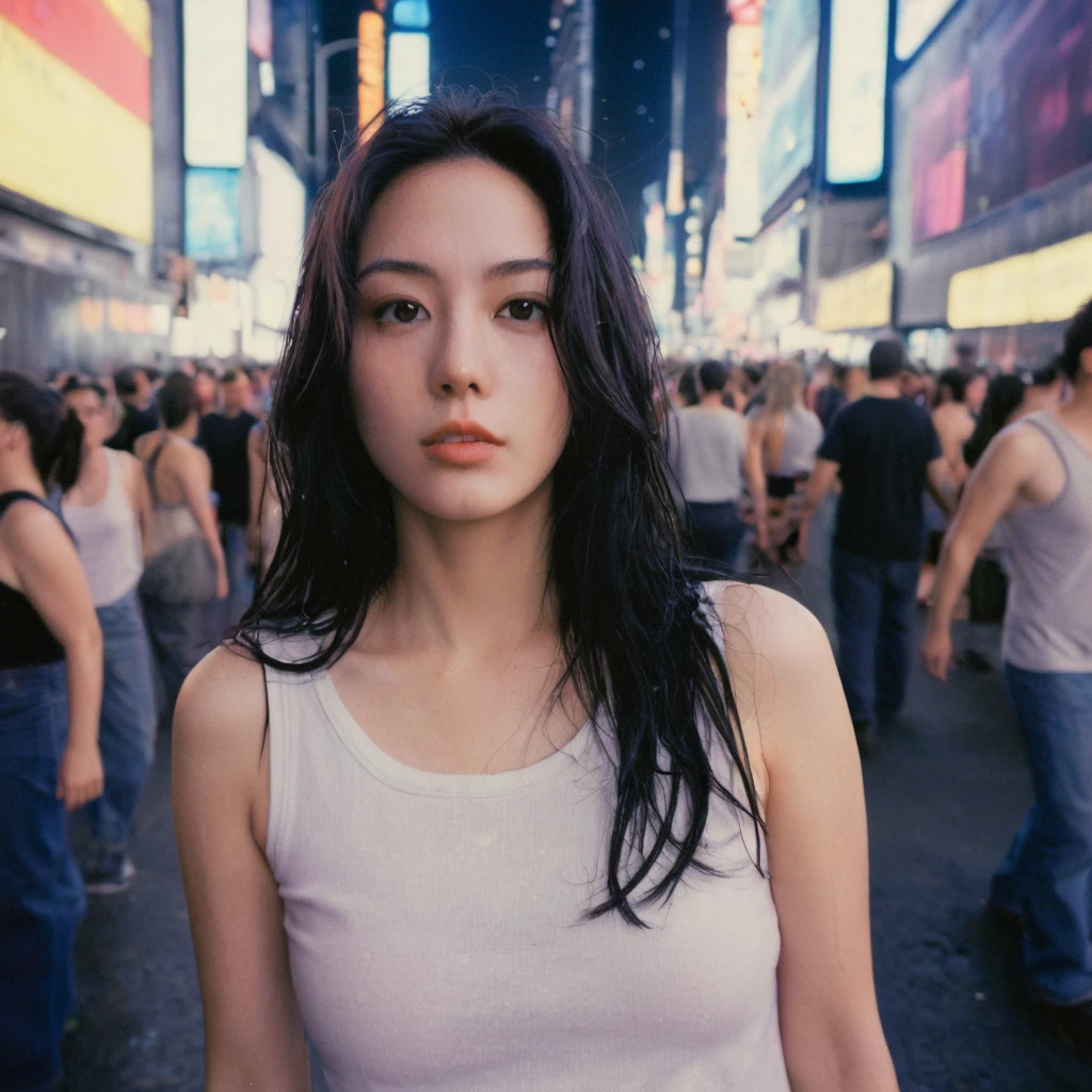 xxmixgirl,1 female detailed face time square detailed background  surreal cyberpunk shadow (lofi, analogue) dramatic lighting by Bill Sienkiewicz ( SimplepositiveXLv1:0.7), wet tshirt look sexy, splash detailed, kodak film by Brandon Woelfel Ryan McGinley, normal breasts, normal hips, Long Hair, High resolution, masterpiece, 