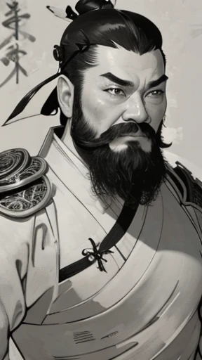 (((Monochrome)))、(((Ink Painting)))、Oriental、Ultra-high resolution、(Realistic:1.4)、Game Poster、Crisp and beautiful image quality、beard、ancient chinese hairstyle male、Embroidered cloth wrapped around a topknot、whole body ,(Ancient Chinese armor, Dragon head on shoulder,(黒beard):1.2), (Ancient Chinese armor with intricate pattern:1.2), gloves, Long trousers, (Very detailed, bloom:1.5), (Highest quality, Concept Art, 4K), (analog:1.2), (high sharpness), (Detailed pupil:1.1), Detailed face and eyes, masterpiece, Highest quality,8k,  (Black Hair, Dynamic Short Hair), (PurerosFace_v1:0.2), [:(Detailed face:1.2):0.2], sharp, Realistic, Realistic Shadow, 