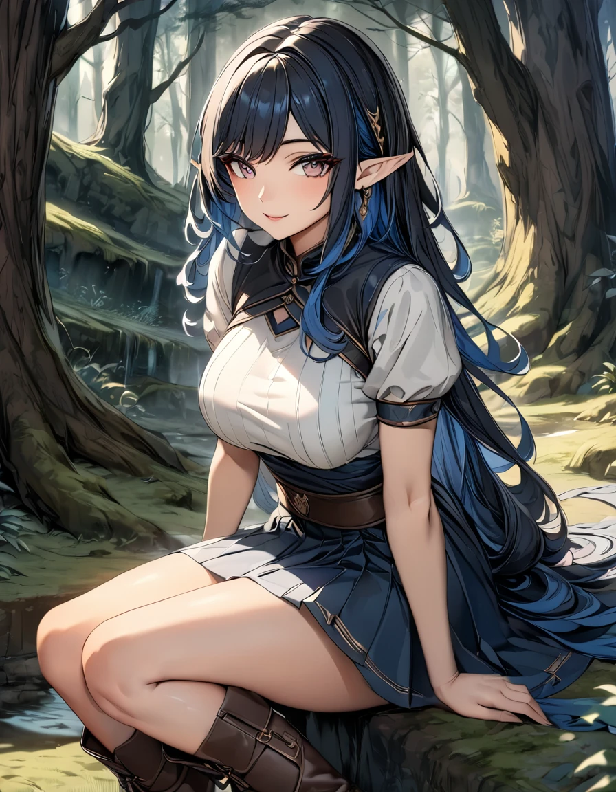 high quality, 4k, 8k, highres, HDR, UHD, masterpiece, ultra-detailed, a beautiful elf woman in a dark fantasy forest, sitting pose, legs toghether, creative angle, mature woman. short skirt, natural clothing, eld boots, extremely detailed face, medium long flowing hair, natural looking hair, rendered hair, dark blue hair, curious expression, sitting under a large tree, anime style, highly detailed, 8k, fantasy art, magical atmosphere, mossy ground, dark setting, demonic forest, dark eyes, rendered eyes, special eyes, pointed ears, detailed dress, intricate details, fantasy landscape, simple background
