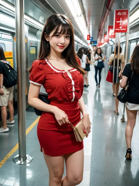 masterpiece , Highest quality , Very detailed , 8k , Cute Woman , One girl , blouse , bangs , smile , White teeth , Symmetrical eyes, Short sleeve blouse、mini skirt、Red Heels、Summer daytime、Standing on the subway platform、