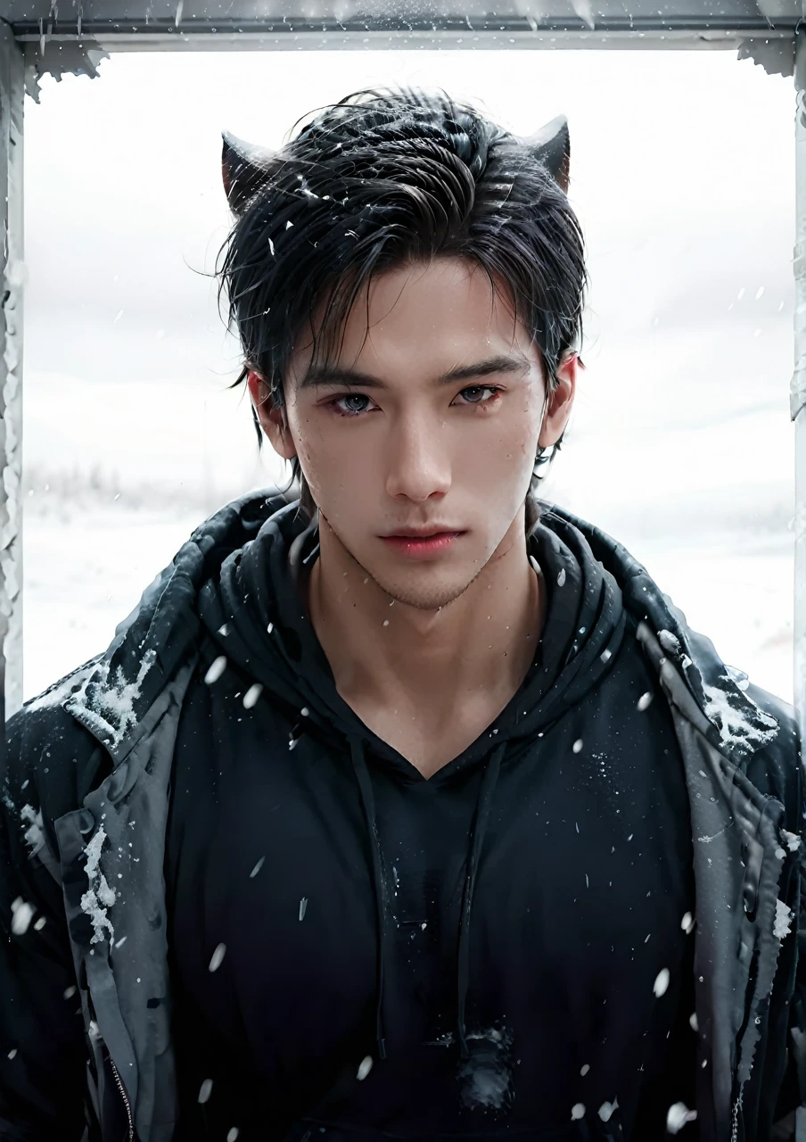 a handsome man in a torn black hoodie, wolf, snow landscape, detailed facial features, highly detailed, hyper realistic, cinematic lighting, dramatic lighting, moody colors, dark atmosphere, fantasy art