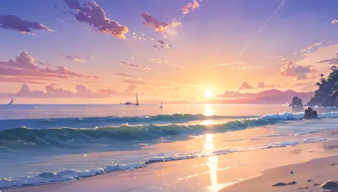 (Best quality,4K,8K,A high resolution,Masterpiece:1.2),Ultra-detailed,(Realistic,Photorealistic,photo-realistic:1.37),Vivid colors,Ocean sunset,Beautiful and detailed waves,Reflects the sun's rays,Magnificent clouds,Dramatic skies,The silhouette of a lonely sailing ship,Spectacular horizon,Glowing orange and purple hues,tranquil ambiance,Gentle and gently lapping waves,A sight of peace and quiet,Sparkling sunlight shone on the water,a peaceful and serene atmosphere,Ethereal beauty,With a touch of romance,Amazing view of the sunset,sea breezes,The tide lapping against the coast,Majestic and awe-inspiring scenery,serenity and calm,Seagulls flying in the distance,A seamless transition from day to night,The tranquil silence of the ocean,The water is rippling，Create a fantastic effect,Soft glowing lights illuminate the scene,Peaceful and magical setting,Secluded and unspoiled beach