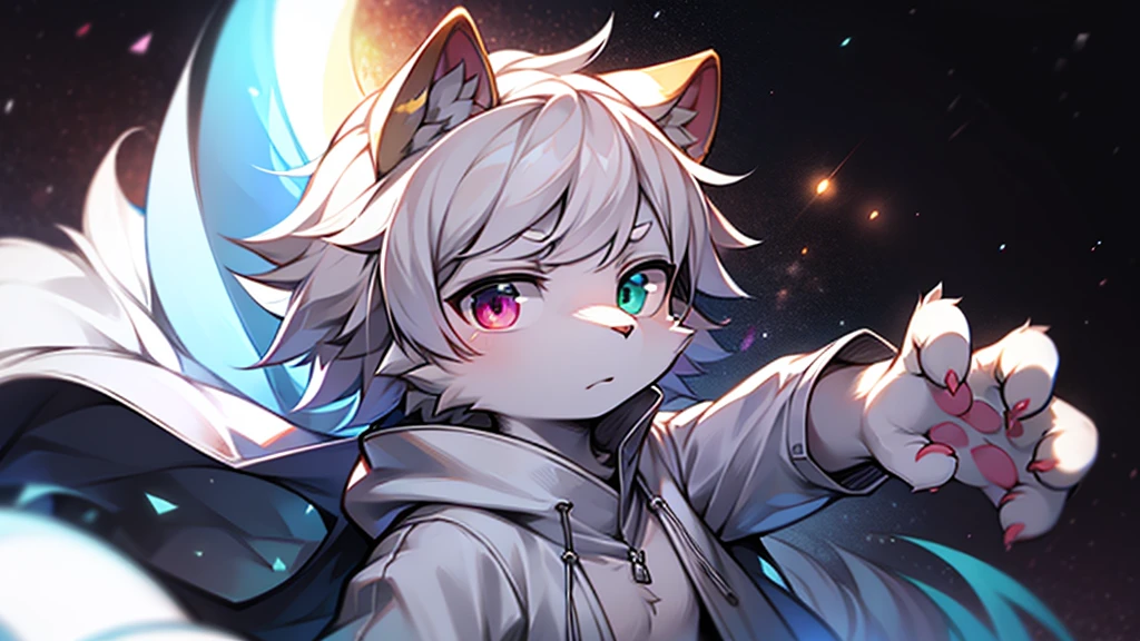 The background is a black hole，The background occupies most of the picture，Vision，Male cats，Pure white hair，Wearing a white cape，Firm eyes，Look straight ahead，Frowning，Heterochromia，hairy，Pure white hands，White coat，Off-white shorts，Casual wear，Open hands，Point ahead，Fly in the air，12 years old style