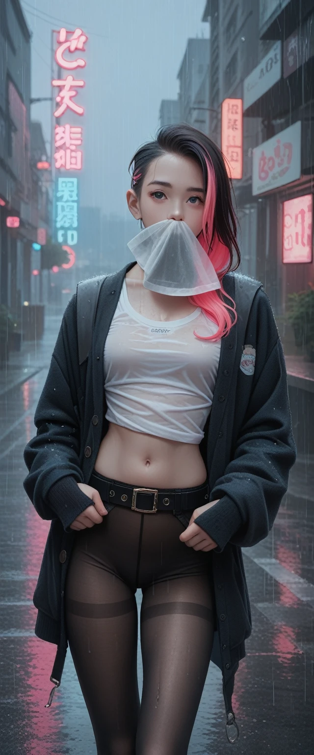 portrait, 1 girl, Pretty Face, Asymmetrical hair, Multi-colored hair, belt, Tights, Cover your mouth, Cover the navel, Separate sleeves, Gray eyes, - Hip vents, Cardigan jacket, Lovely, View Viewer, of the night city, neon, rain,