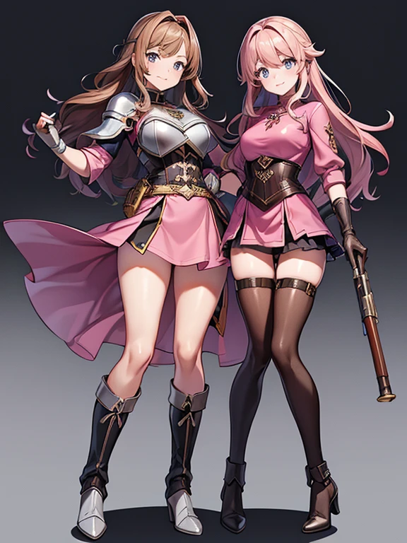 Imagine perfect image the most beautiful girl in ((full body)), solo, ((standing)), ((legs apart)), rifle, rifle, breast hanging, cheek pads, tender smile, sharp teeth, fangs, mischievous look, medium breasts, long brown hair, drill hair, blue almond eyes and wearing a ((short pink dress)), mini skirt, upskirt, mini panties, leather corset, leather armor, breastplate leather, high heeled leather boots, leather gloves, in an rpg style, inspired by genshin impact. With great 4k quality, well detailed, simple white background