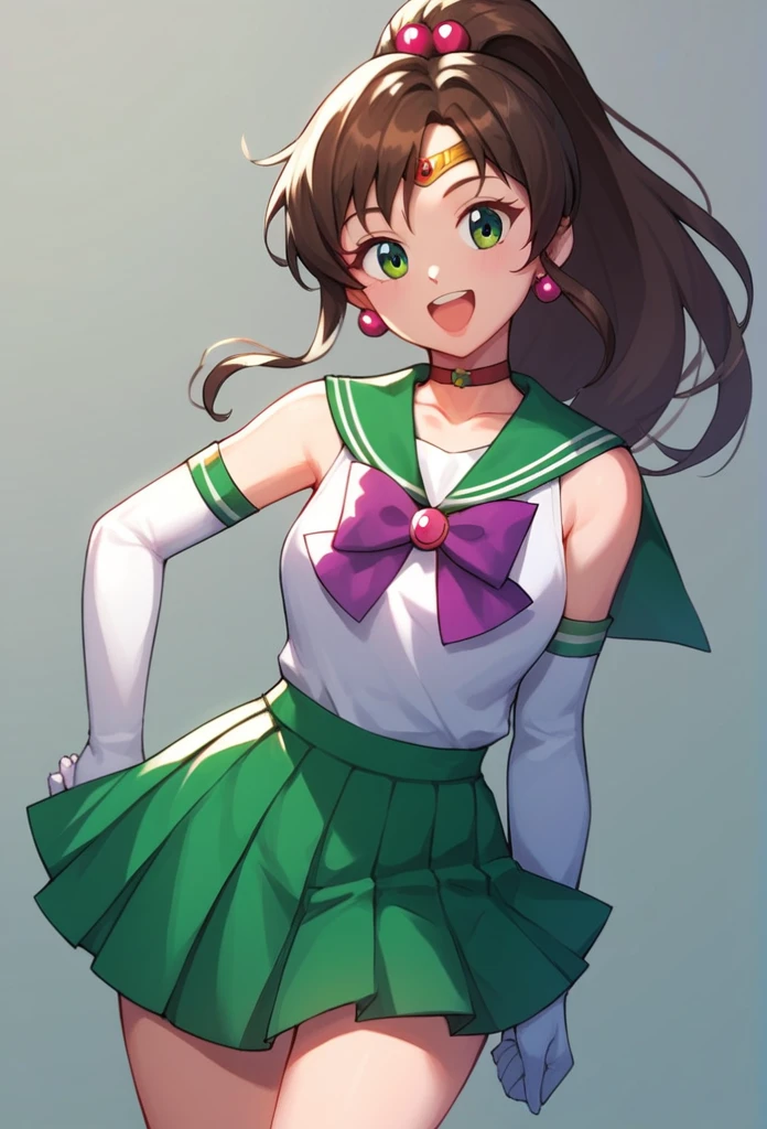 score_9, score_8_up, score_7_up,score_6_up, score_5_up, score_4_up , 1girl, solo, aajupiter, long hair, brown hair, ponytail, hair bobbles, tiara, earrings, green eyes, green choker, green sailor collar, pink bowtie, white shirt, elbow gloves, white gloves, green skirt, pleated skirt, bare legs, aamars, long hair, black hair, tiara, earrings, red choker, red sailor collar, purple bowtie, white shirt, elbow gloves, white gloves, pleated skirt, red skirt, bare legs, happy, cowboy shot, simple background