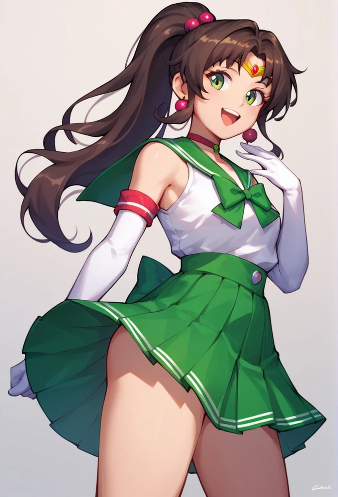 score_9, score_8_up, score_7_up,score_6_up, score_5_up, score_4_up , 1girl, solo, aajupiter, long hair, brown hair, ponytail, hair bobbles, tiara, earrings, green eyes, green choker, green sailor collar, pink bowtie, white shirt, elbow gloves, white gloves, green skirt, pleated skirt, bare legs, aamars, long hair, black hair, tiara, earrings, red choker, red sailor collar, purple bowtie, white shirt, elbow gloves, white gloves, pleated skirt, red skirt, bare legs, happy, cowboy shot, simple background