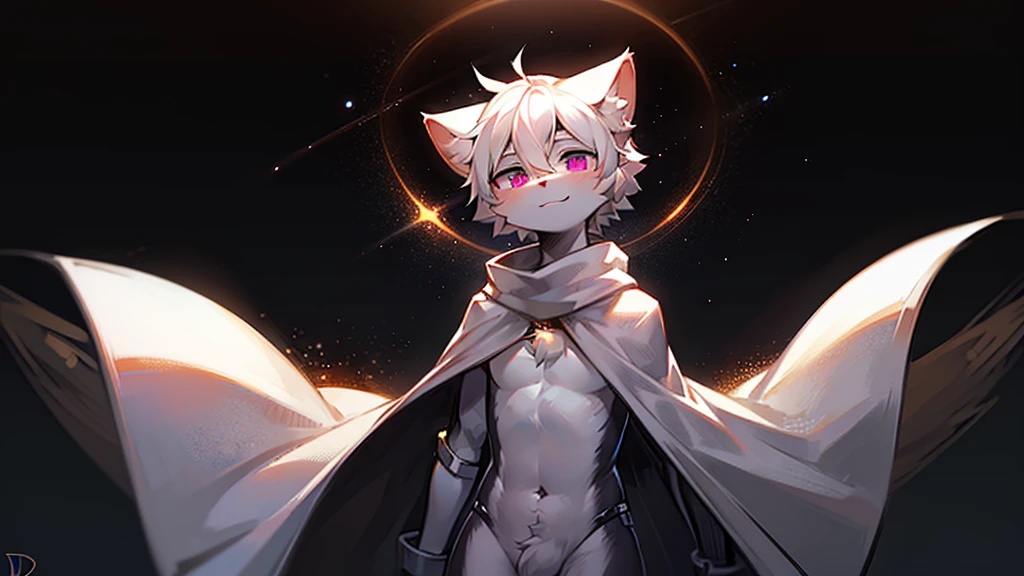 The background is a black hole，The background occupies most of the picture，Vision，Male cats，Pure white hair，Wearing a white cape，Firm eyes，Look straight ahead at your front，Don&#39;t look at the camera，A white wing，Frowning，Heterochromia，hairy，Pure white hands，White coat，No other decorations，Off-white shorts，Casual wear，Open hands，Point ahead，Fly in the air，Surrounded by a circle of light，12 years old style