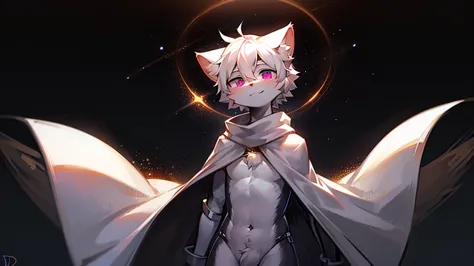 the background is a black hole，the background occupies most of the picture，vision，male cats，pure white hair，wearing a white cape...