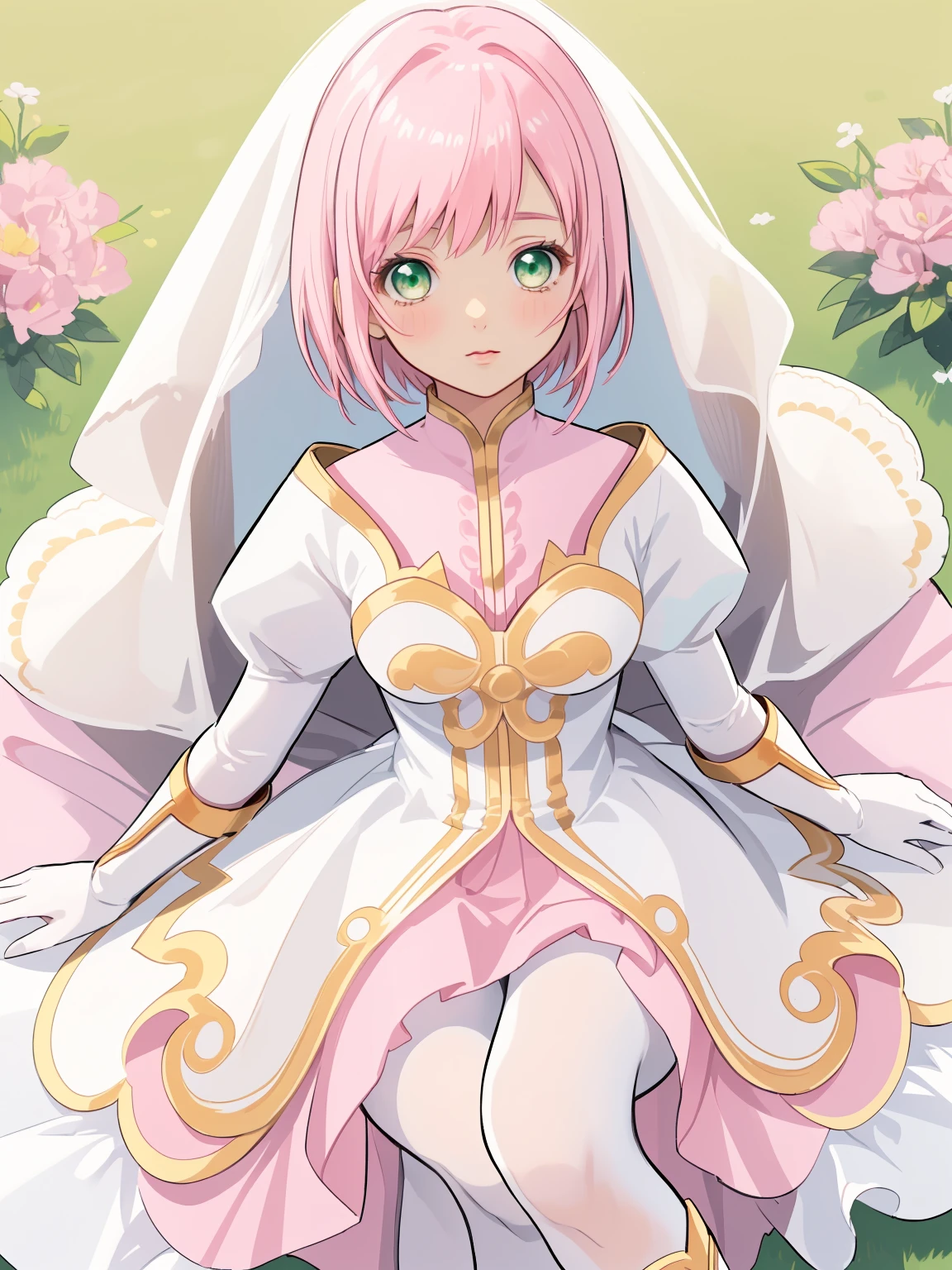 masterpiece, Highest quality, alone, One Girl,Estellise Sidos Heurassein, Pink Hair, short hair, Green Eyes, Small breasts, White and pink dress, Glamorous Dress, Pink collar, Pink Skirt, White boots, White gloves, (Black Pantyhose, Black legwear:1.1)whole body, Little:5, cute, (Beautifully detailed face), (Beautiful attention to detail), (Beautiful detailed hair)