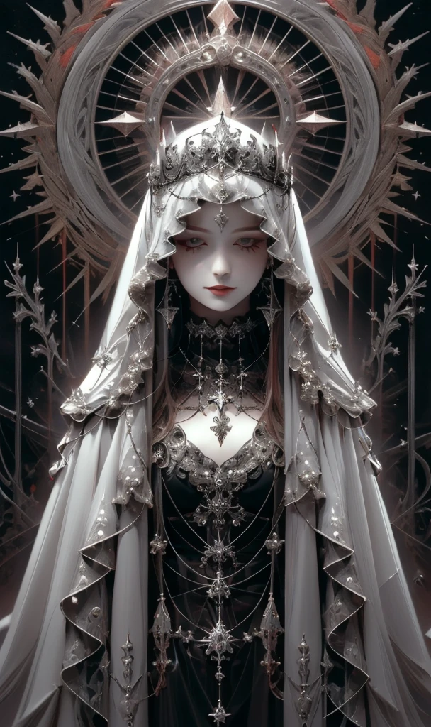 goddess, Gothic Futurism style, Highly detailed illustration, UHD Images, Gorgeous costume details, Black and purple、dark、beautiful、Virgin Solo, High resolution, Long Hair, smile, masterpiece, Anatomically correct, Winner of numerous awards, Highest quality, 