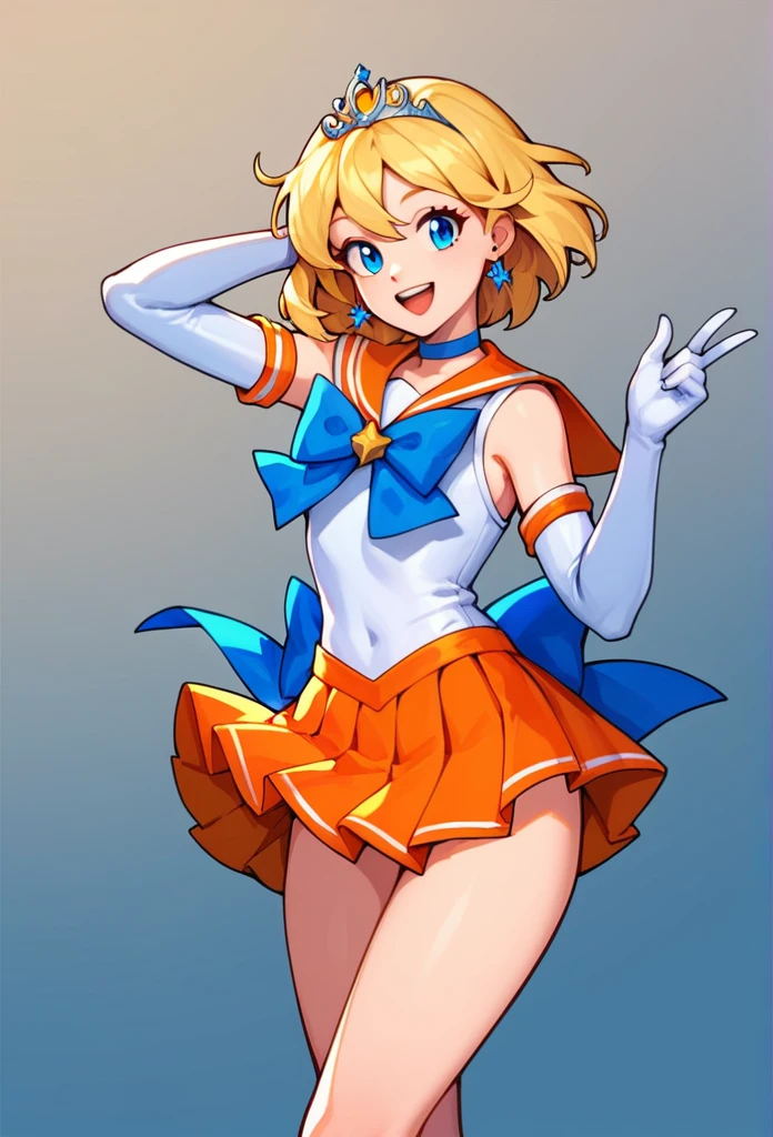 score_9, score_8_up, score_7_up,score_6_up, score_5_up, score_4_up , 1girl, solo, aavenus, long hair, blonde hair, hair bow, tiara, earrings, blue eyes, orange choker, orange sailor collar, blue bow, white shirt, elbow gloves, white gloves, pleated skirt, orange skirt, bare legs, aamercury, short hair, blue hair, tiara, earrings, blue eyes, blue choker, blue sailor collar, blue bowtie, white shirt, elbow gloves, white gloves, pleated skirt, blue skirt, bare legs, happy, cowboy shot, simple background