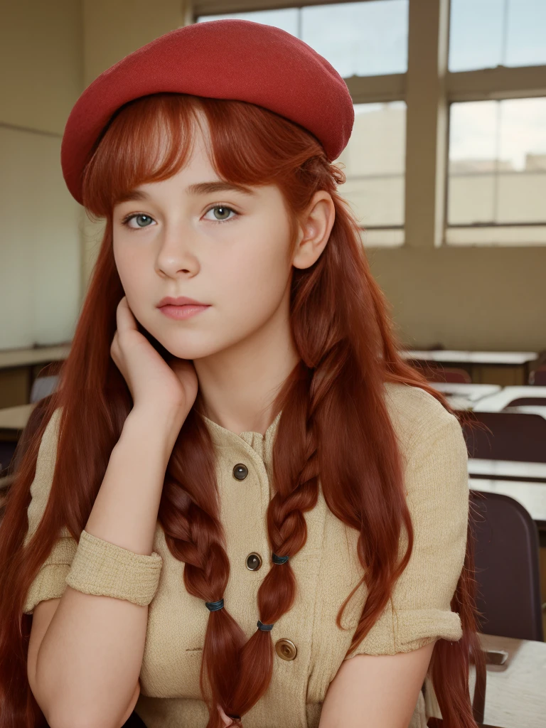 (best quality,4k,8k,highres,masterpiece:1.2),ultra-detailed,(realistic,photorealistic,photo-realistic:1.37), ((a girl in classroom, she wears uniform and beret, shy, braided red hair)), ((slim body, very large bust size for her young age))