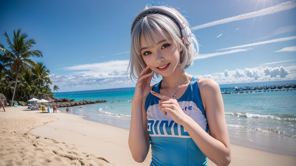 (ultra - detailed, 16K resolution, Cinema lenses, rendering by octane), (high resolution:1.18), intricate detail, (masterpiece:1.1), (highest quality:1.1), (1girl, portrait, white hair, blue eyes, short hair, detailed eyes),Wearing silver DJ headphones, sequined T-shirt, (in the beach:1.5), (Iconic hip-hop pop costumes:1.3), Smile while DJing on stage, DJ studio next to the beach, ((A stylish DJ stage on a hill overlooking the beach)), full body shot, Photorealistic photography by Sunshine, (cute round face:1.3), perfect fingers, five fingers, beautiful hands, perfect hands. master peace, cute smile, Fixhand.